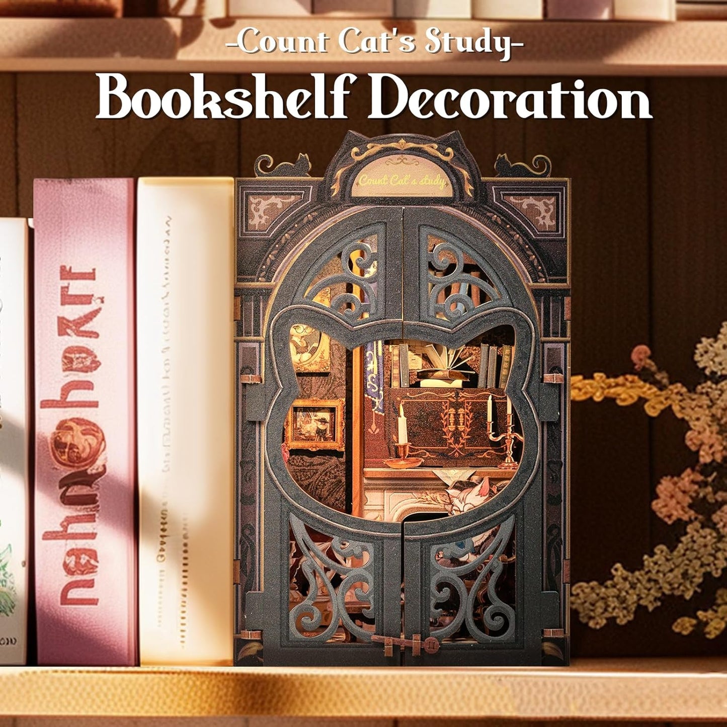 DIY Miniature House Book Nook Kit with LED - Count Cat's Study