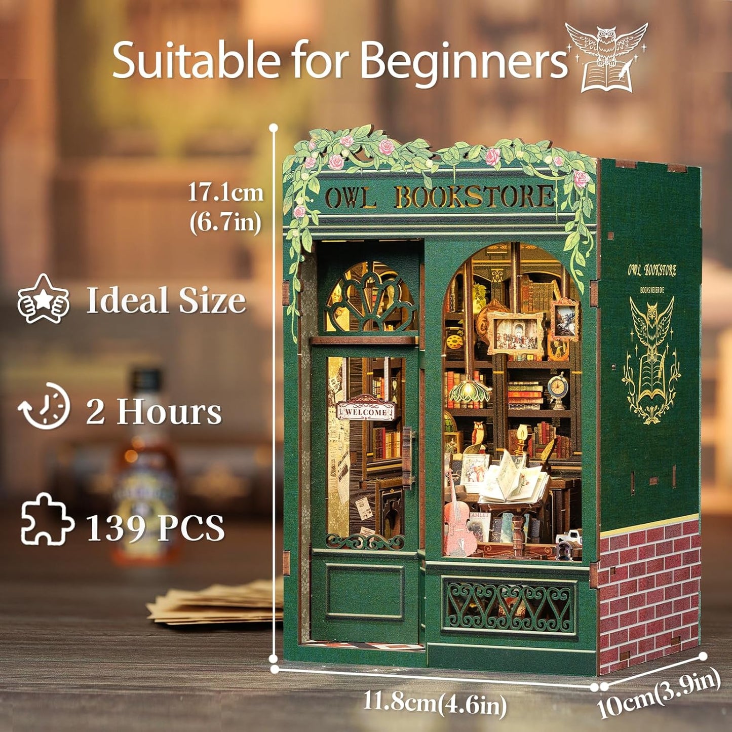 DIY Miniature House Book Nook Kit with LED Light-OWL Bookstore