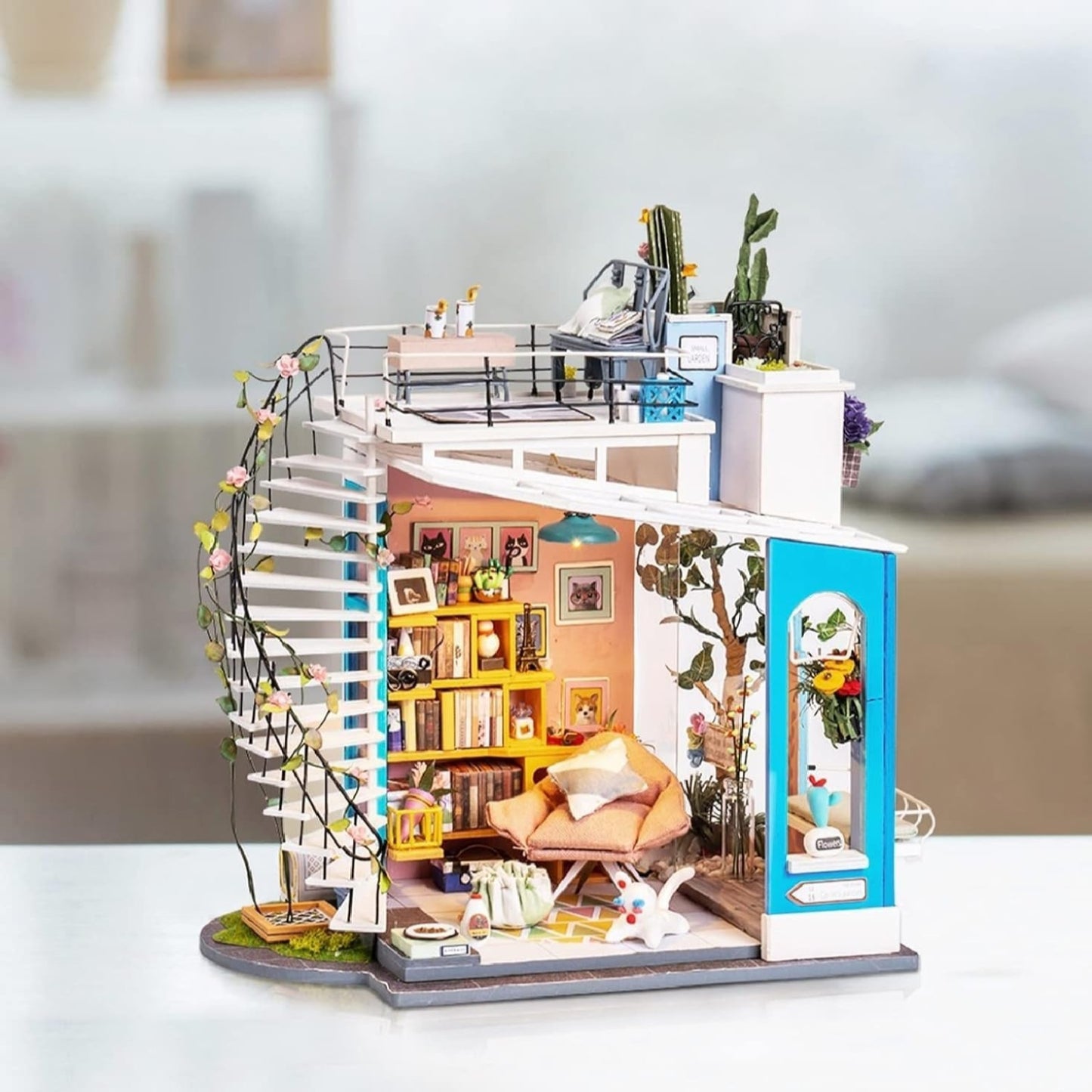 HYUKBI DIY Miniature House Kit with LED Light- Dora's Rooftop