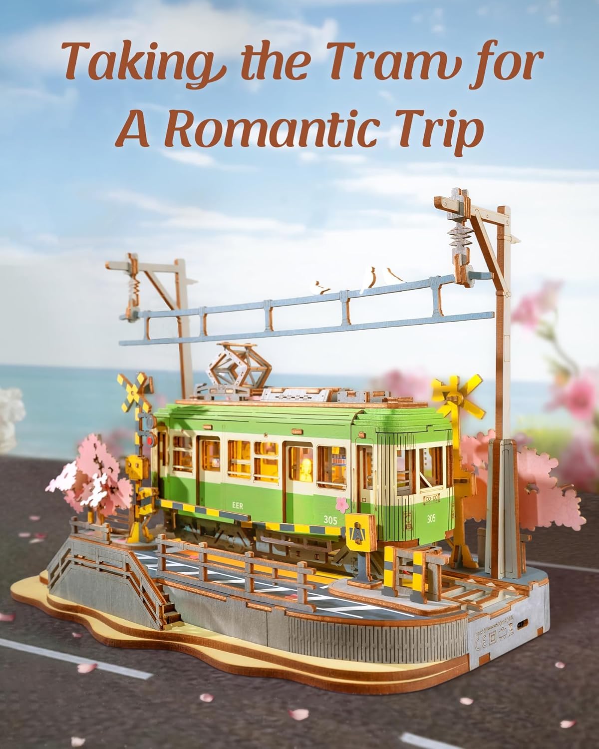 3D Wooden Puzzle, Sakura Journey Tram DIY Model Building Kits with LED Lights