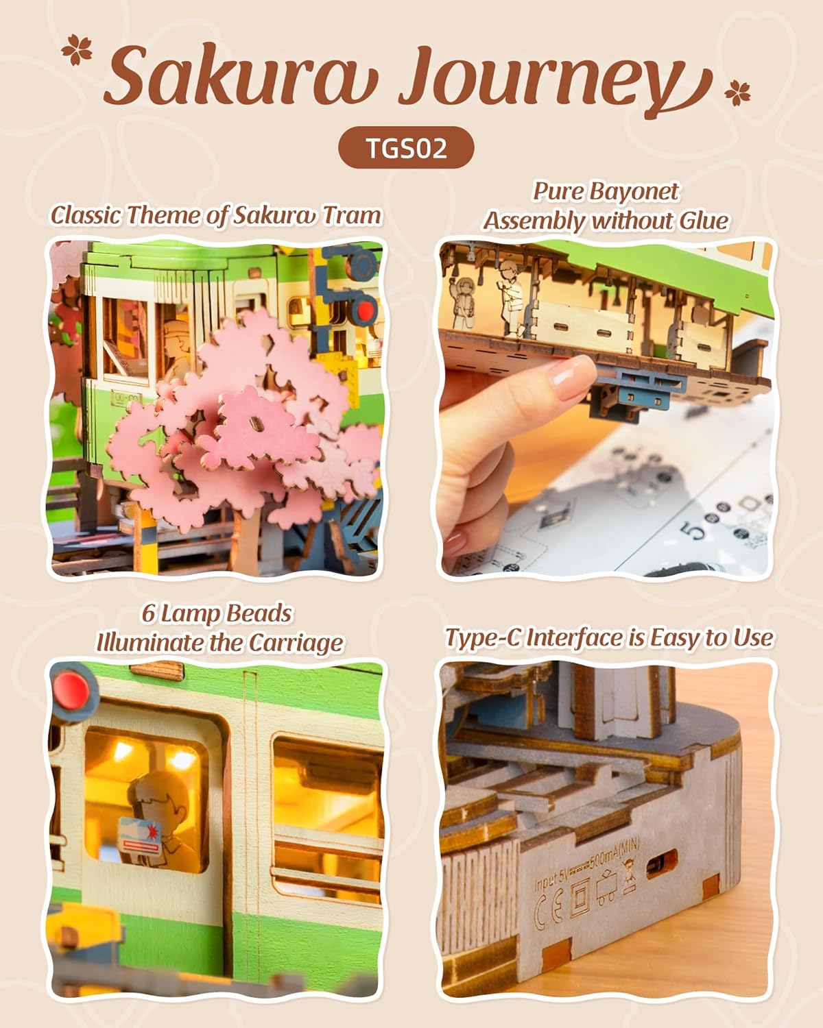 3D Wooden Puzzle, Sakura Journey Tram DIY Model Building Kits with LED Lights