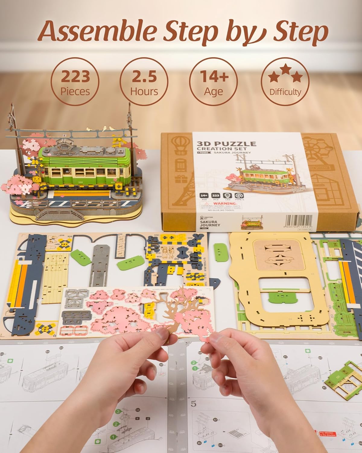 3D Wooden Puzzle, Sakura Journey Tram DIY Model Building Kits with LED Lights
