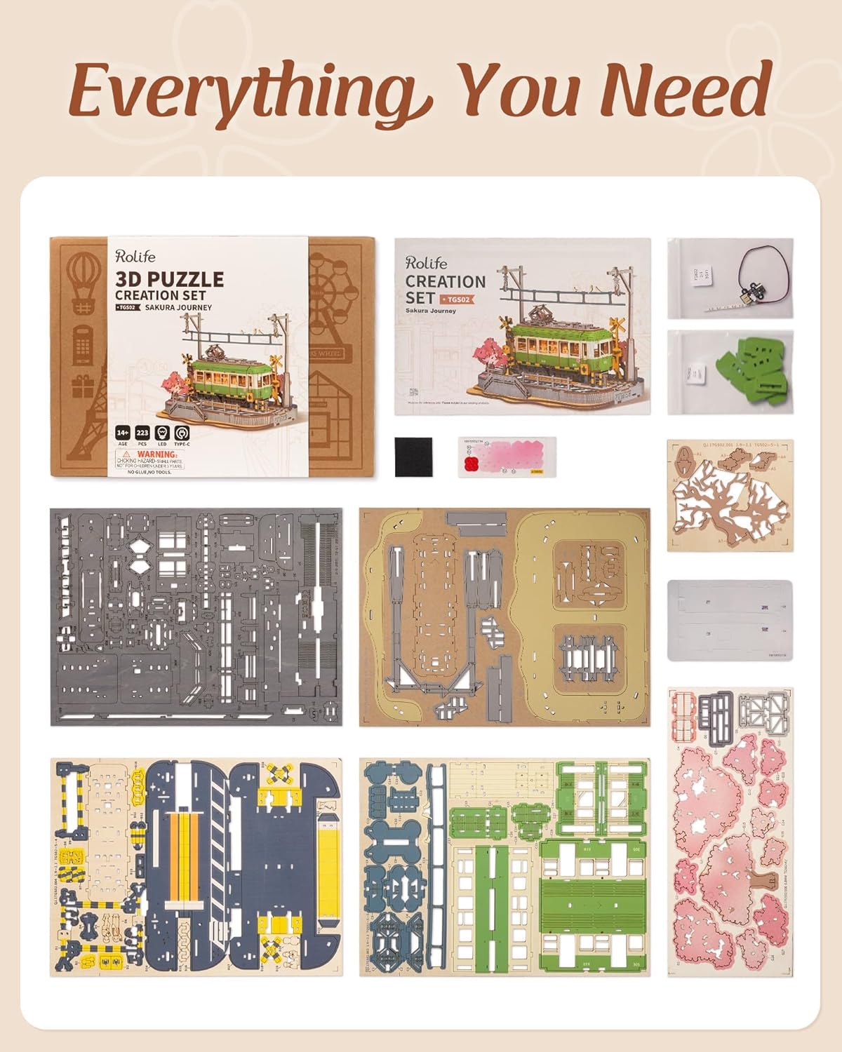 3D Wooden Puzzle, Sakura Journey Tram DIY Model Building Kits with LED Lights