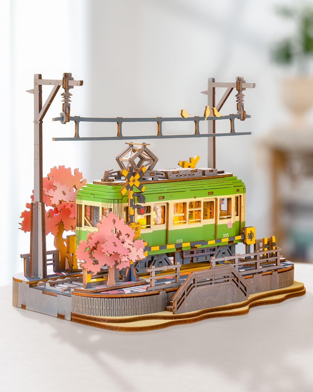 3D Wooden Puzzle, Sakura Journey Tram DIY Model Building Kits with LED Lights