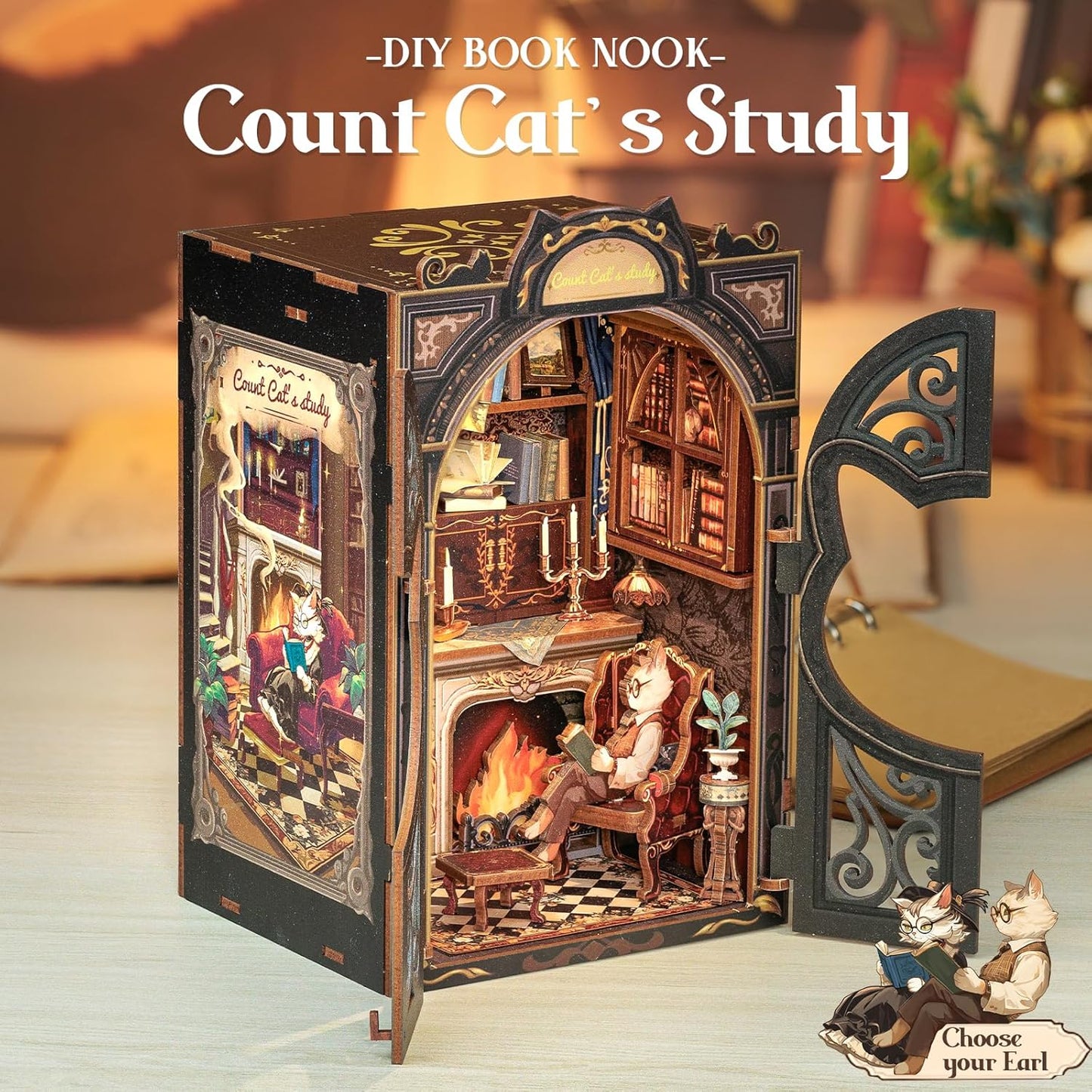 DIY Miniature House Book Nook Kit with LED - Count Cat's Study