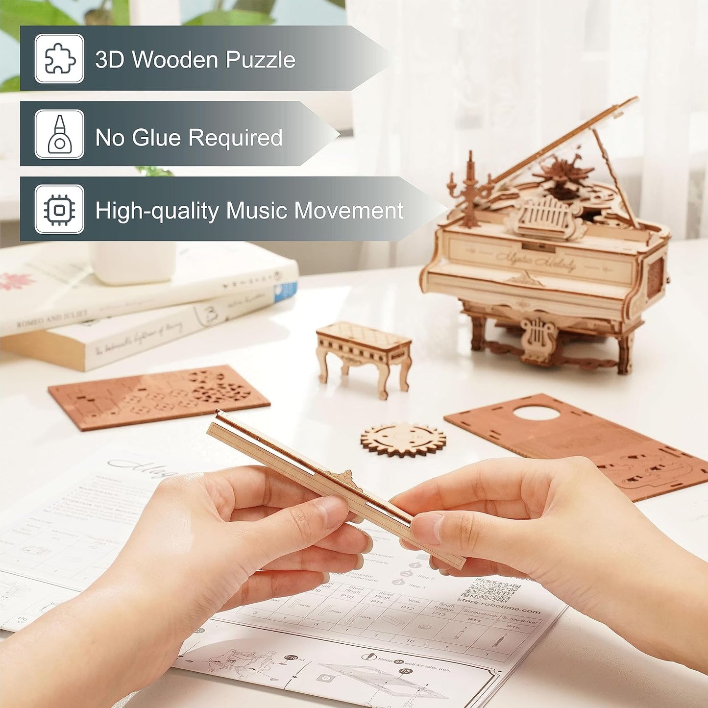 3D Wooden Puzzles- Piano Wooden Music Box Model Kit