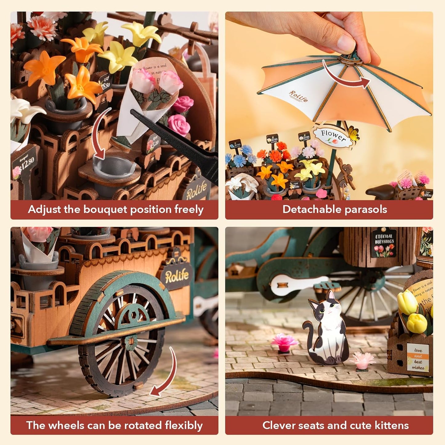 3D Wooden Puzzle-Flower Cart, Model Building Kit
