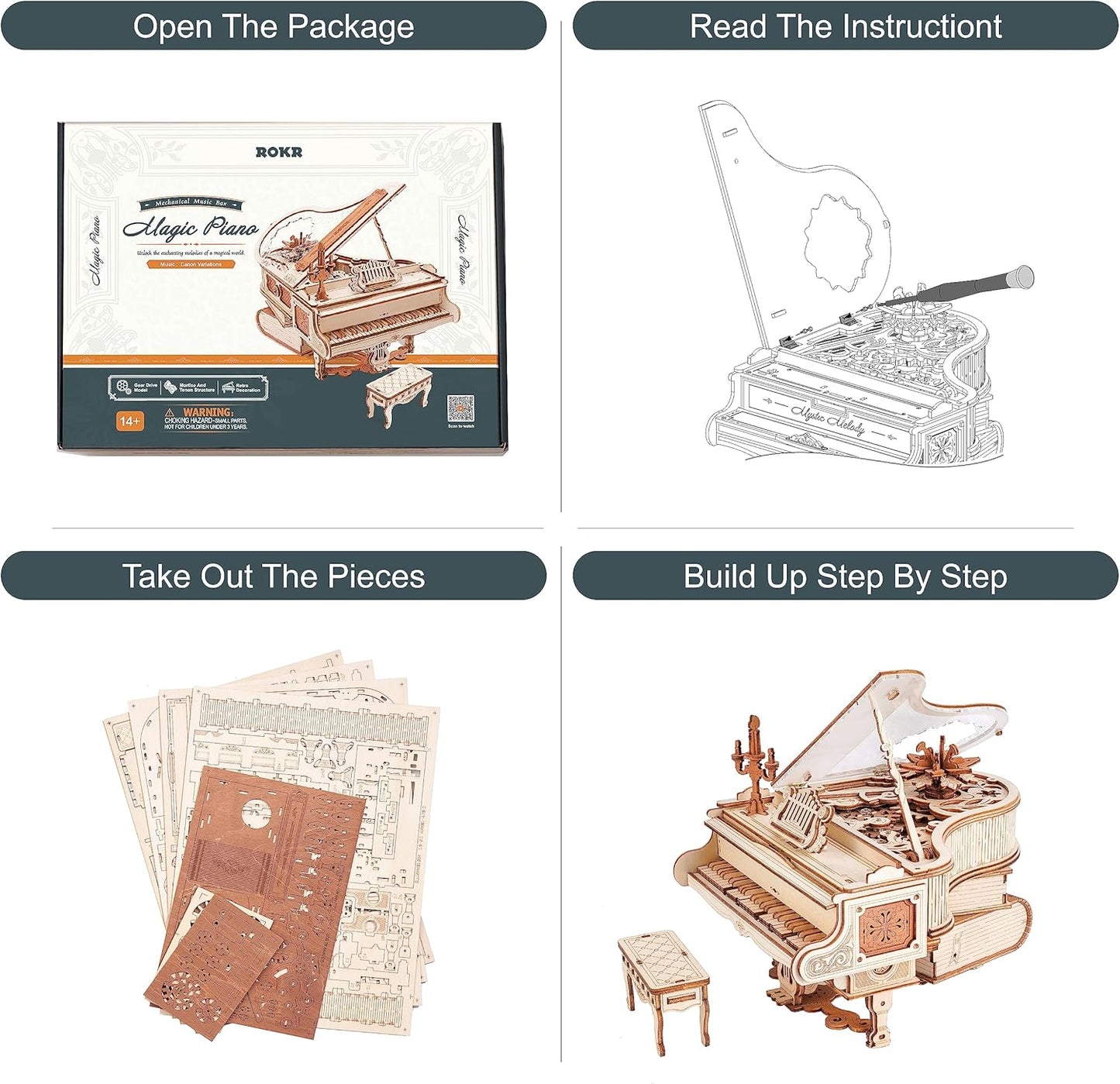 3D Wooden Puzzles- Piano Wooden Music Box Model Kit