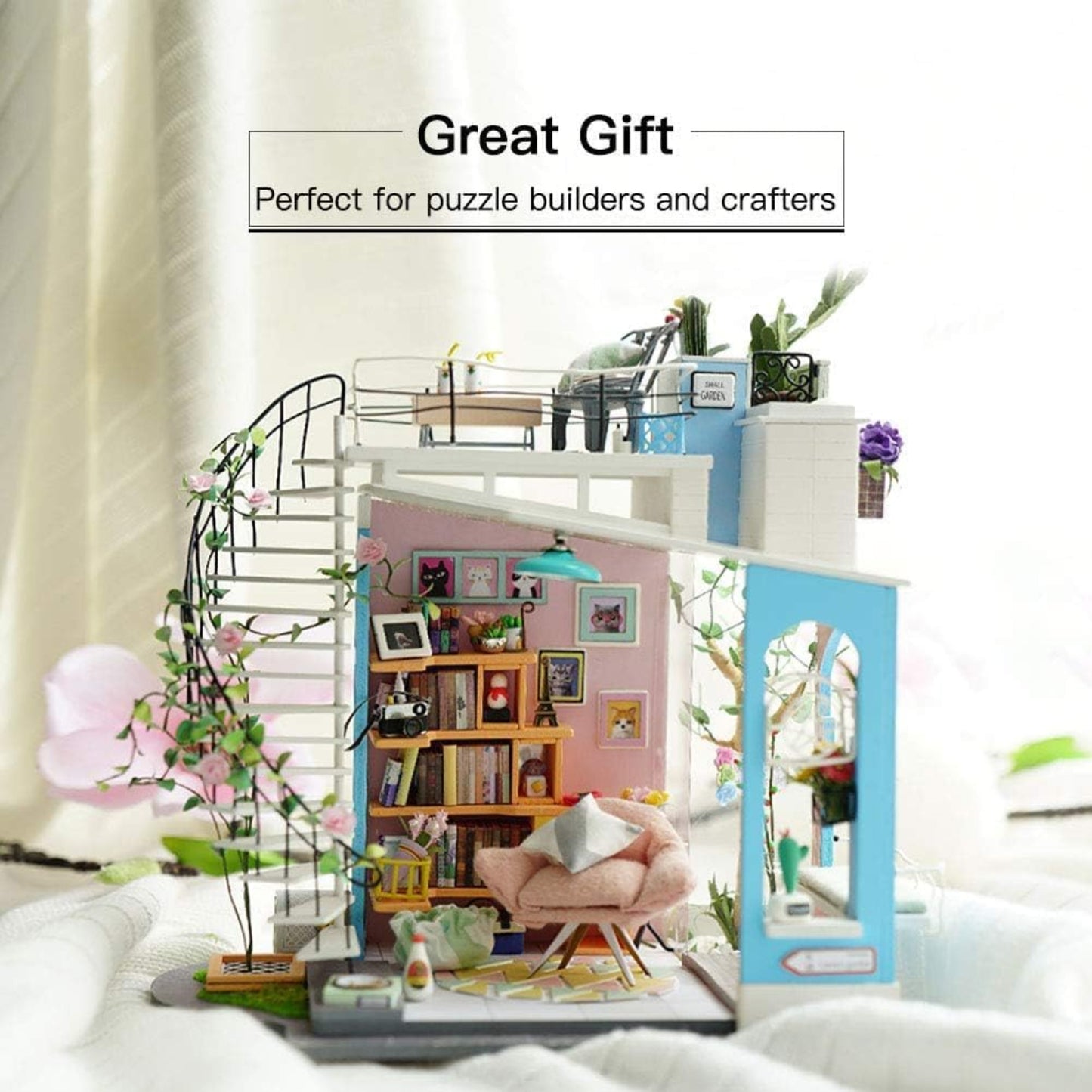 HYUKBI DIY Miniature House Kit with LED Light- Dora's Rooftop