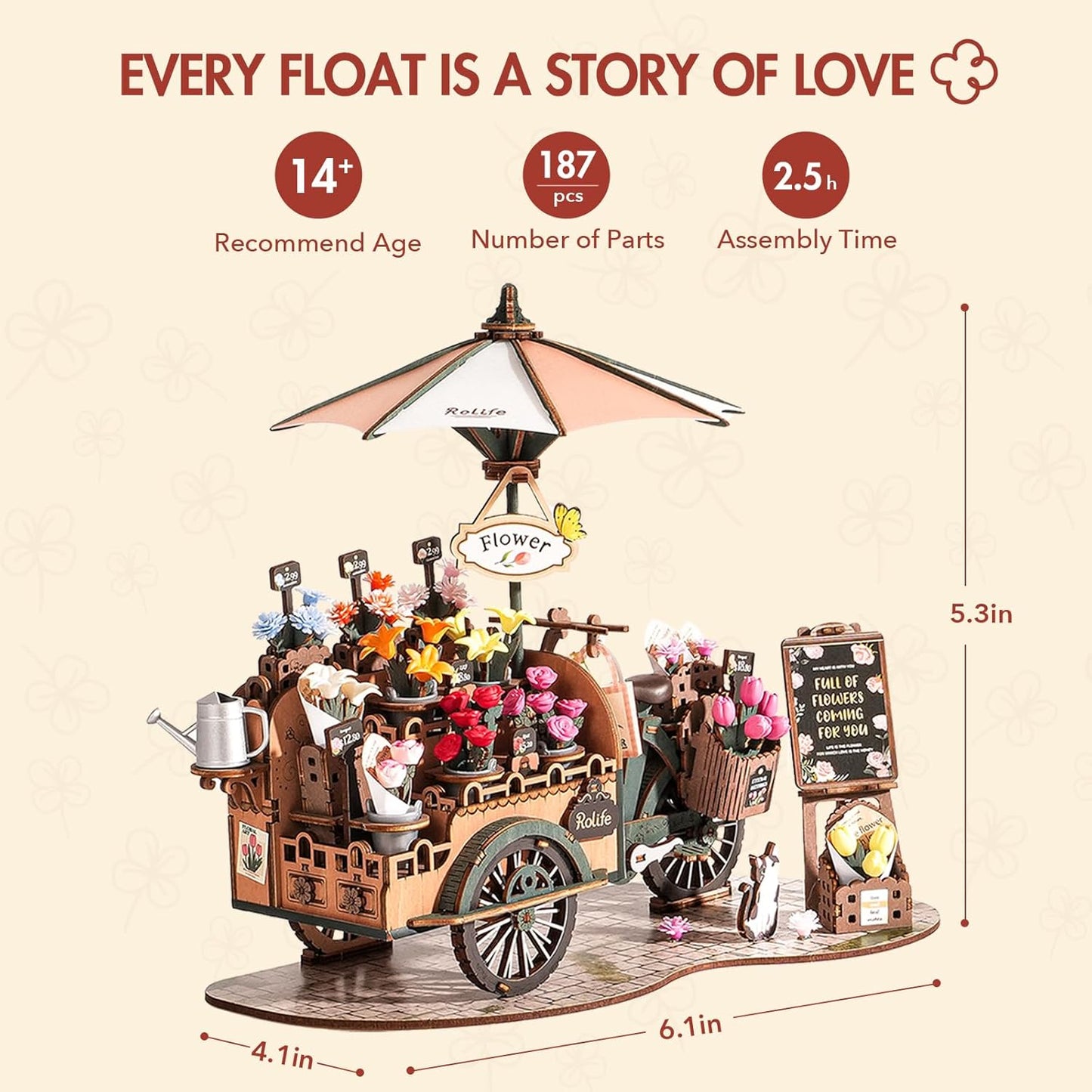 3D Wooden Puzzle-Flower Cart, Model Building Kit