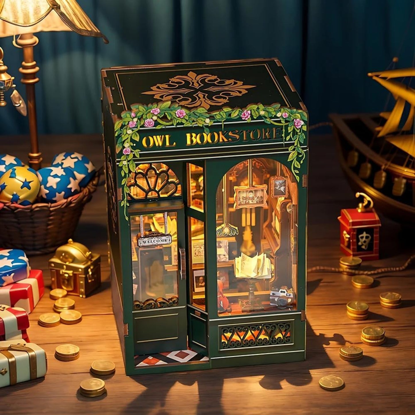 DIY Miniature House Book Nook Kit with LED Light-OWL Bookstore