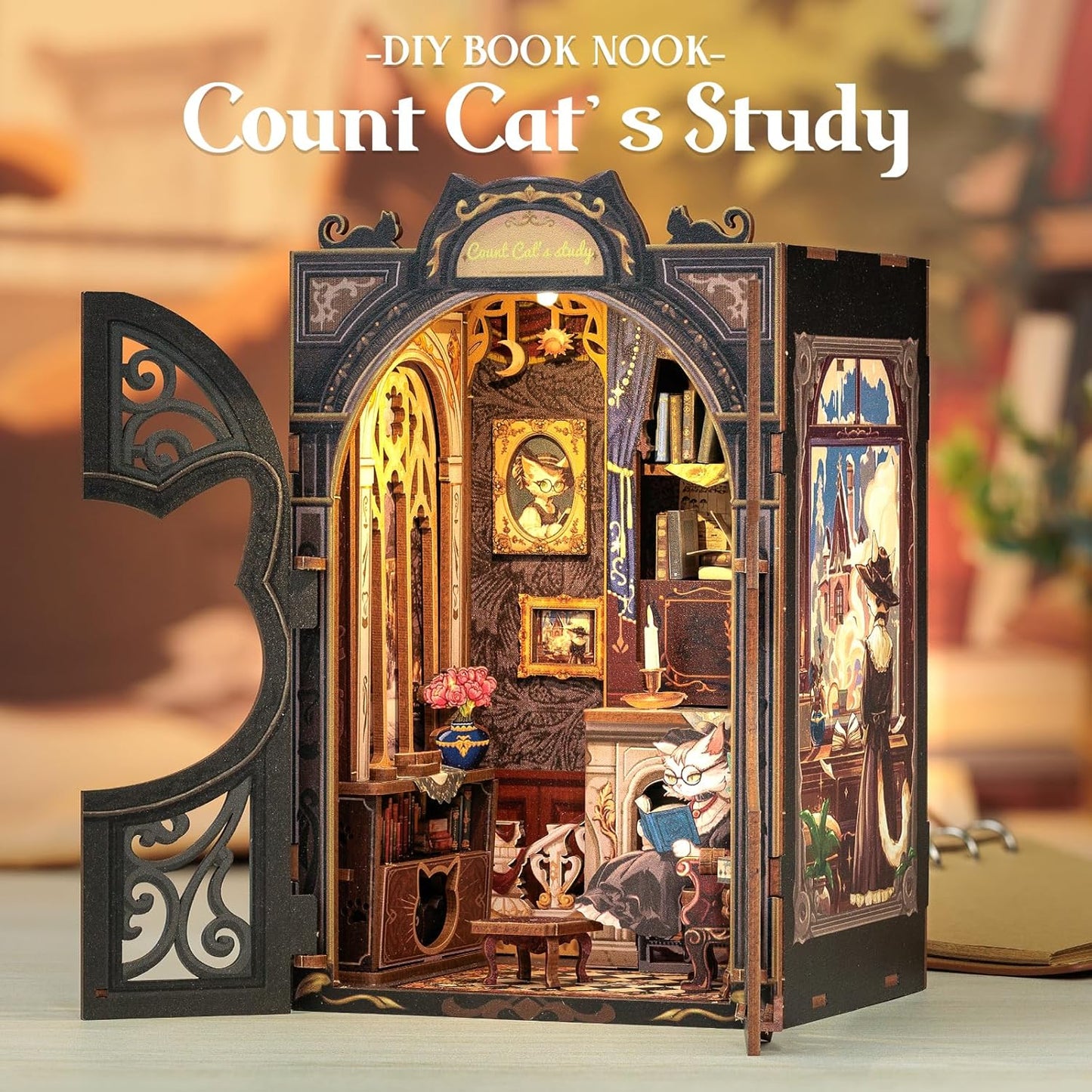 DIY Miniature House Book Nook Kit with LED - Count Cat's Study