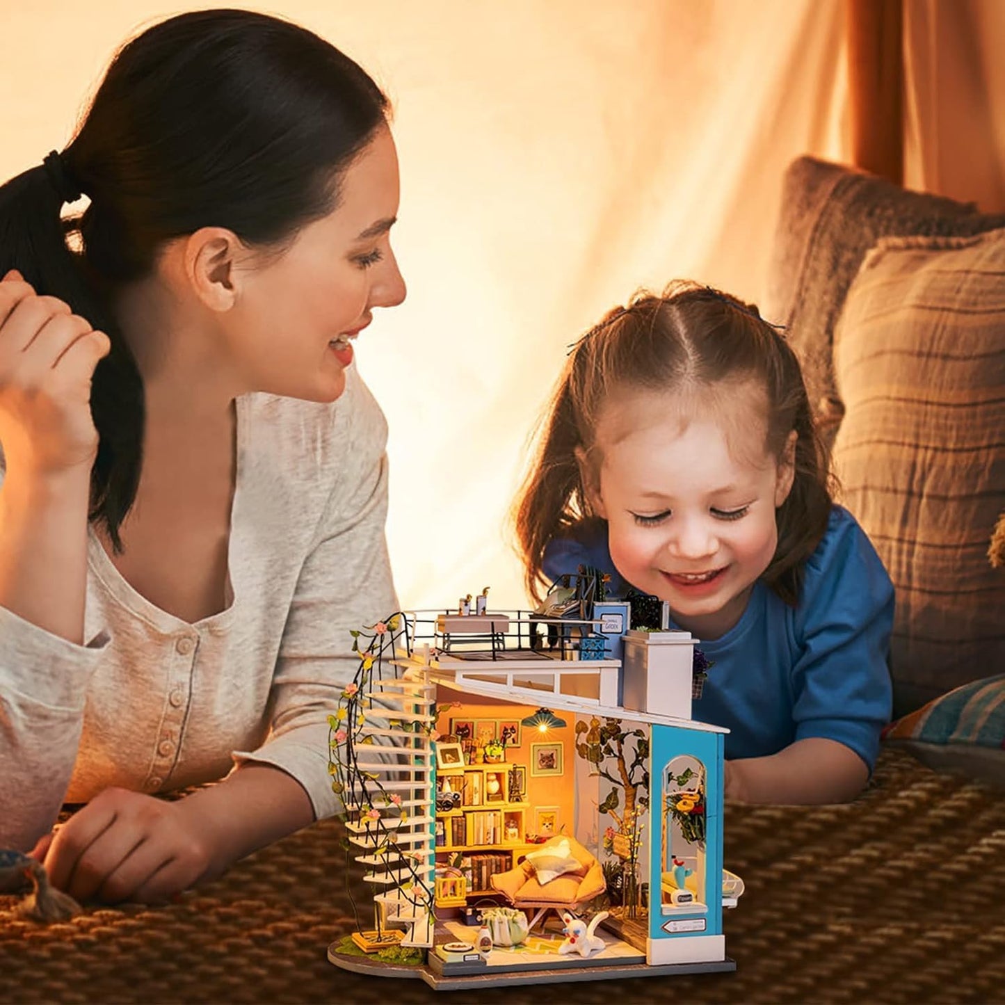 HYUKBI DIY Miniature House Kit with LED Light- Dora's Rooftop