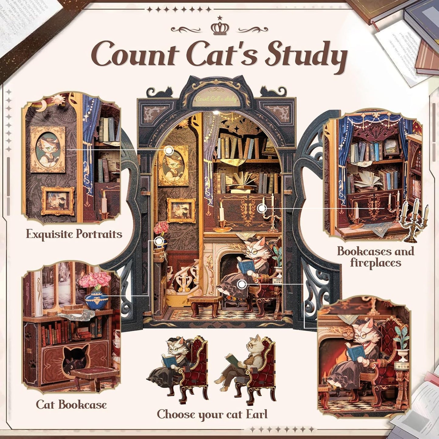 DIY Miniature House Book Nook Kit with LED - Count Cat's Study
