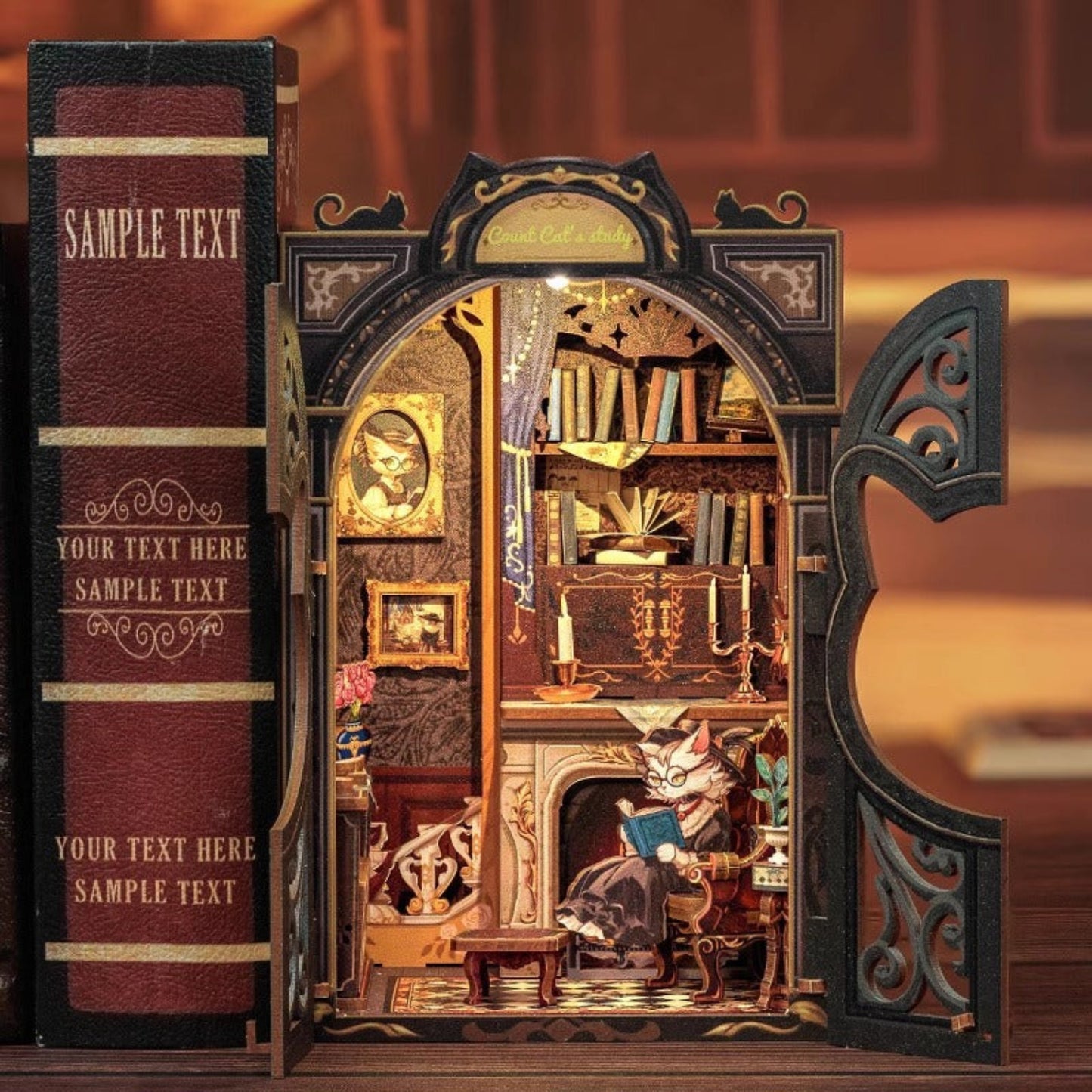 DIY Miniature House Book Nook Kit with LED - Count Cat's Study