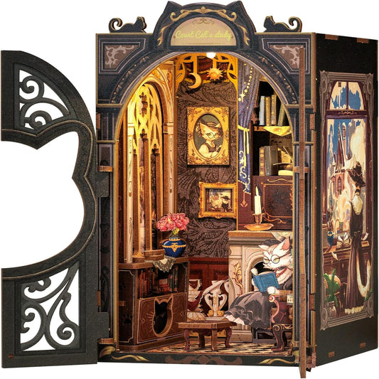 DIY Miniature House Book Nook Kit with LED - Count Cat's Study
