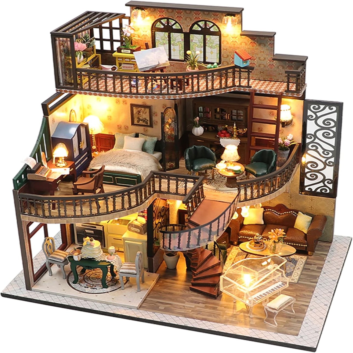 DIY Dollhouse Miniature Kit with Dust Proof Cover and Music Box