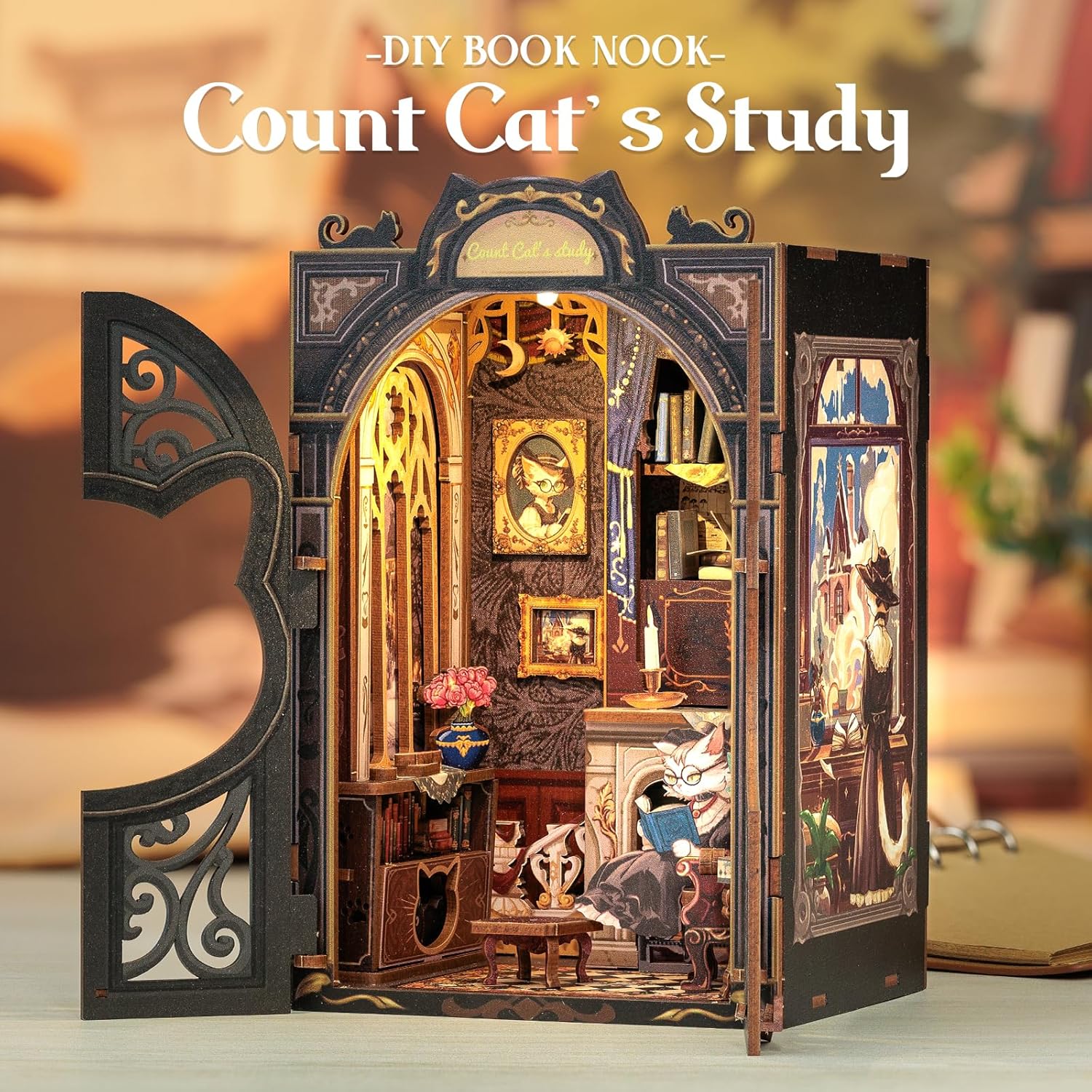 DIY Miniature House Book Nook Kit with LED - Count Cat's Study