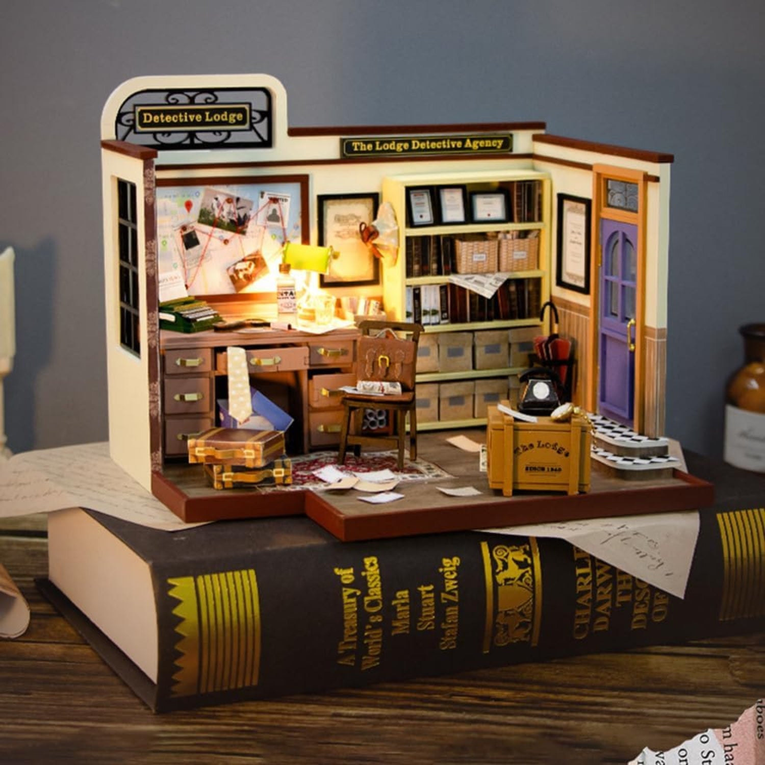 DIY Dollhouse Miniature Kit with LED-The Lodge Detective Agency